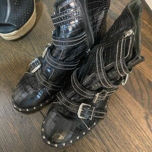 SCHUTZ Black Croc-Embossed Ankle Boots with Buckles